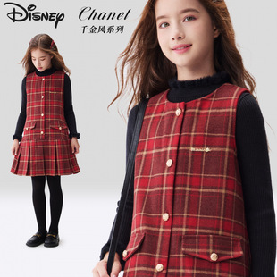 女童红色连衣裙冬装新款儿童背心裙保暖中大童新年装亲子拜年服