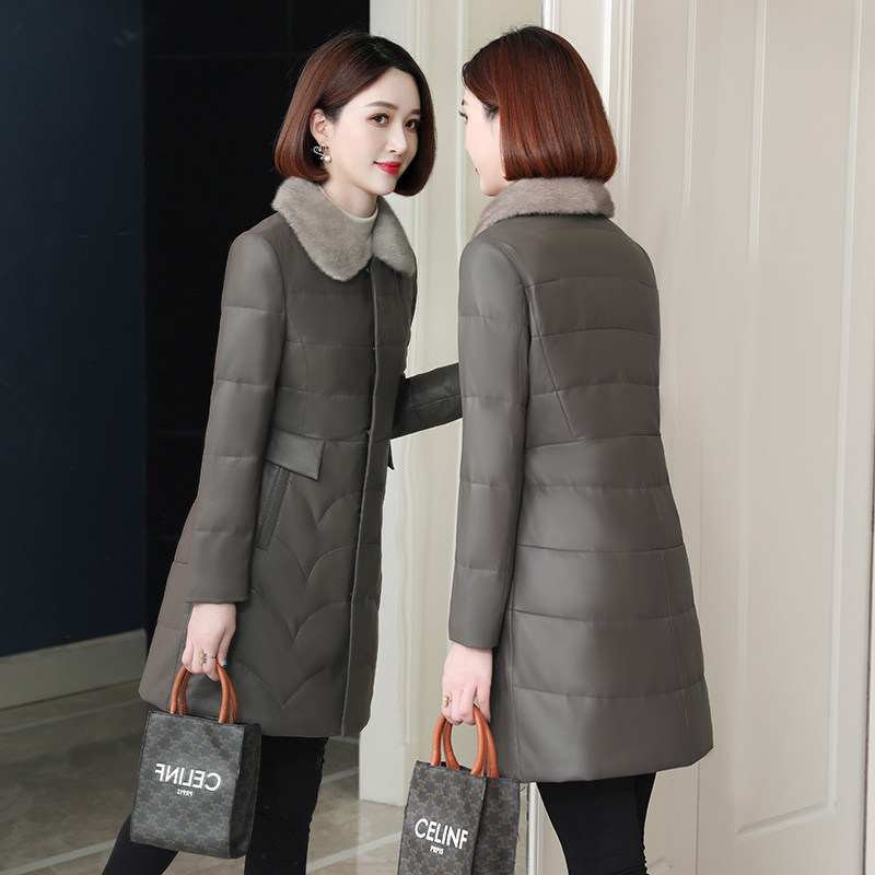 海宁真皮羽绒服女2024新款冬修身妈妈水貂领中长款绵羊皮皮衣外套