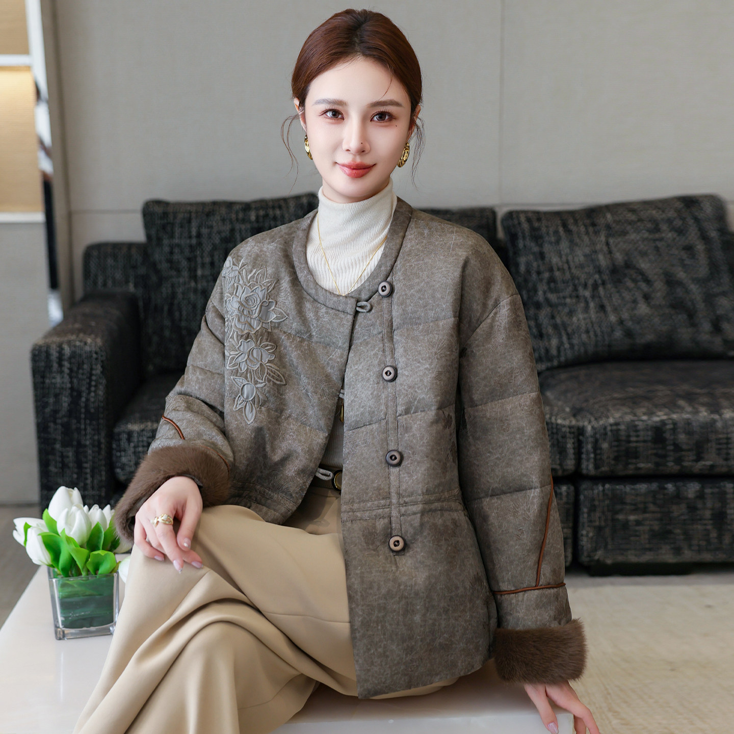 新中式国风白鹅绒女短款羽绒服