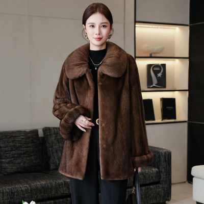 高端水貂皮草女中长款冬咖色