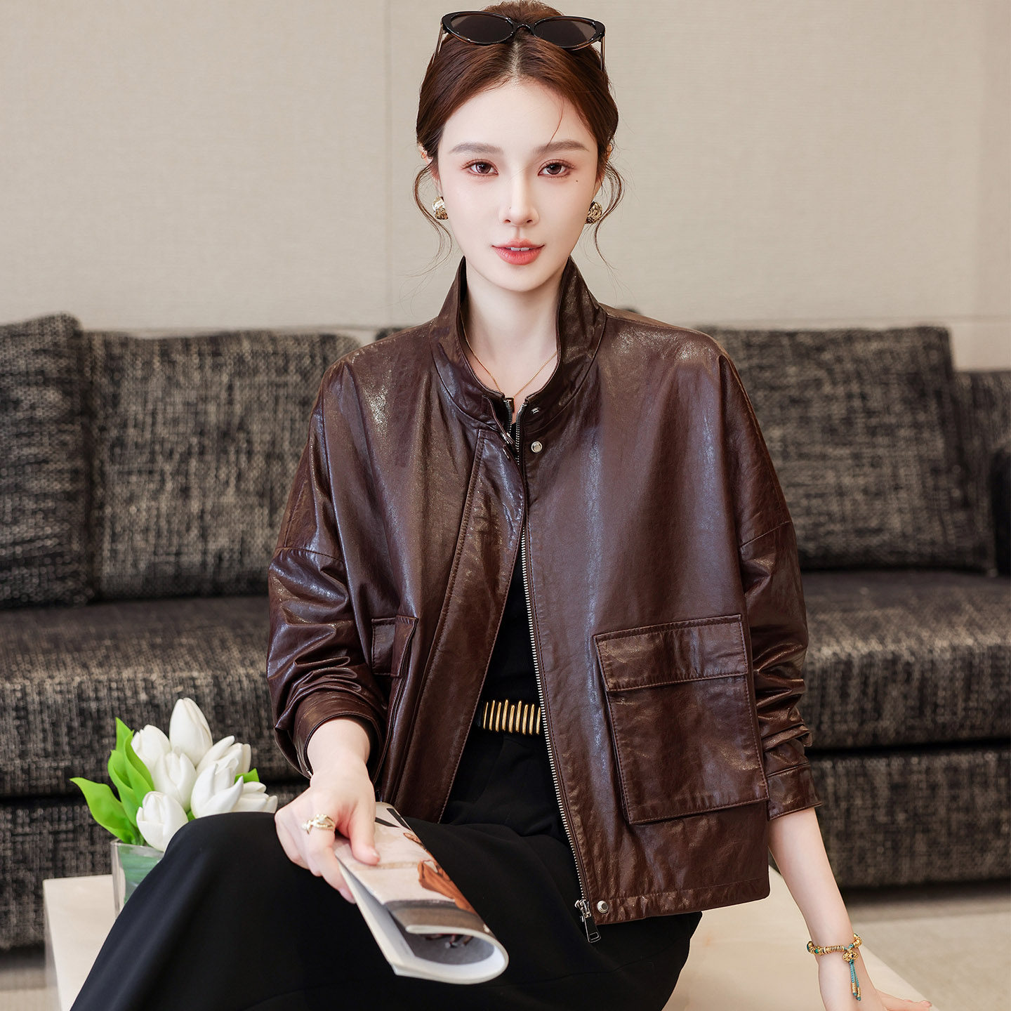 海宁油蜡真皮皮衣女2025新款秋季长袖气质短款高级感绵羊皮夹克潮