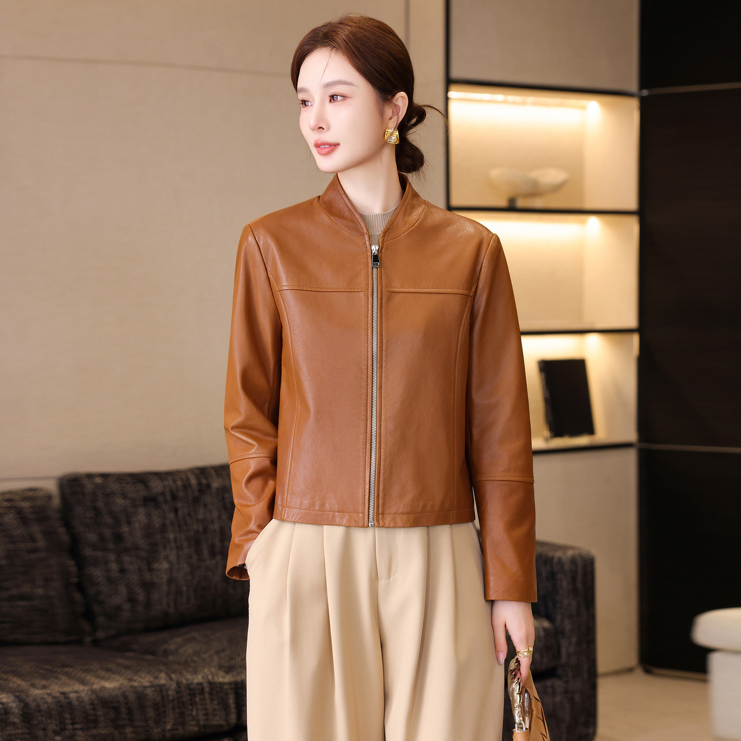 海宁真皮皮衣女2026秋季新款时尚百搭显瘦减龄洋气绵羊皮夹克外套