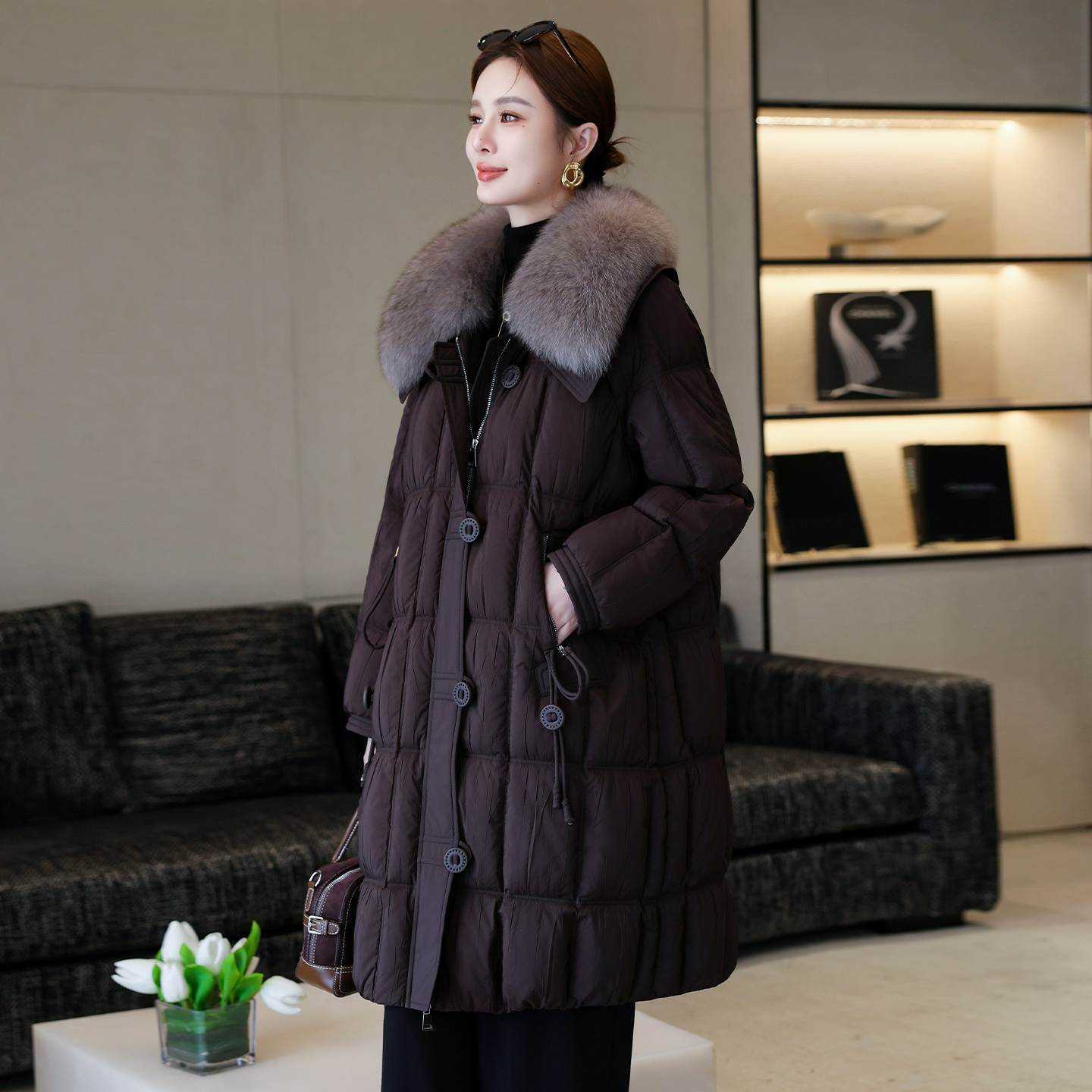 白鹅绒皮草女宽松羽绒服