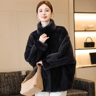 进口水貂皮大衣女天鹅绒时尚高级灰色海宁高端整貂毛皮草裘皮外套