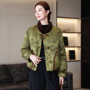 新中式国风短款鹅绒羽绒服女立领水貂毛领提花盘扣宽松皮草外套冬