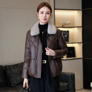 高端海宁真皮羽绒服女2025新款冬水貂毛领短款绵羊皮皮衣妈妈外套