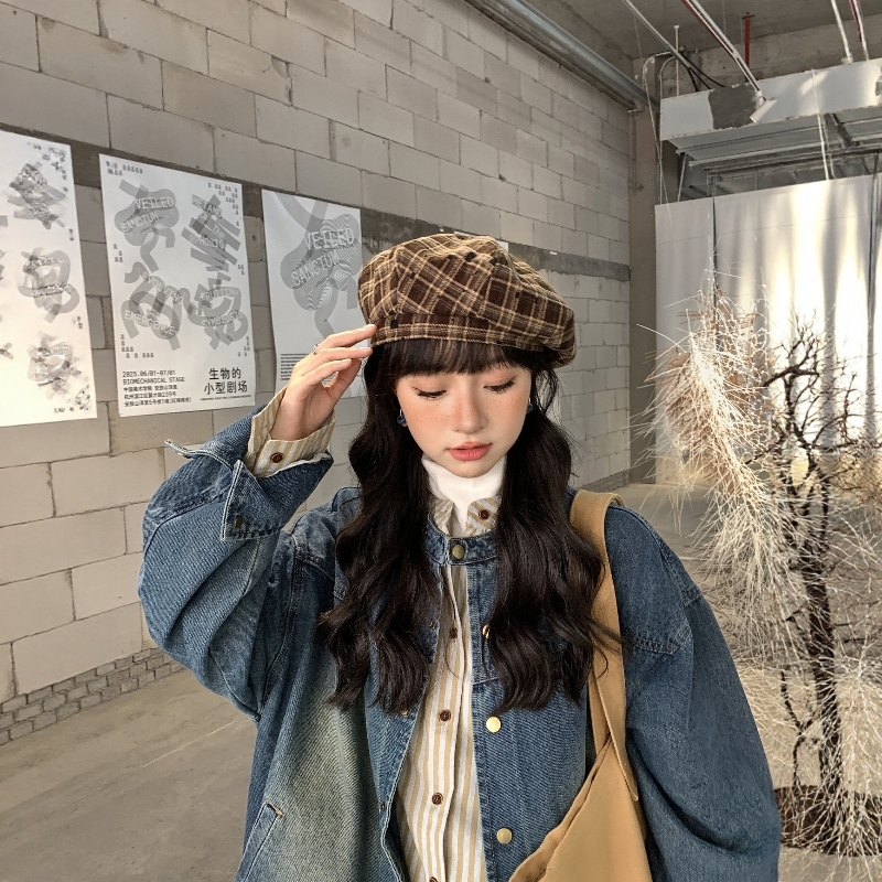 【复古】格子条纹贝雷帽