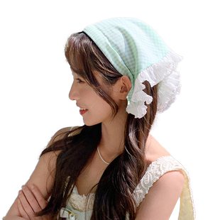 蕾丝边发箍头巾女一体式法式三角巾包头方巾帽田园风周也同款发饰