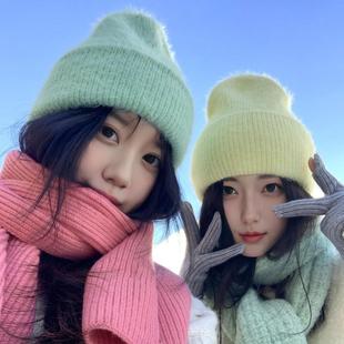 多巴胺薄荷绿兔毛针织毛线帽女可爱显脸小防风保暖堆堆冷帽子秋冬