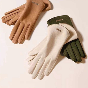 2025新款麂皮绒手套女秋冬季骑电车加绒保暖漏指触屏防风气质手袜
