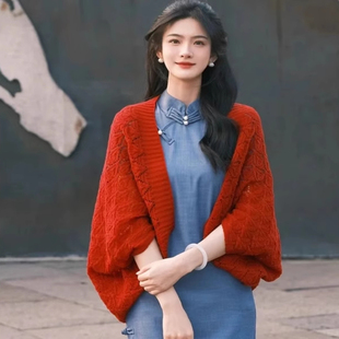 旗袍外搭披肩女空调房睡觉针织斗篷度假防晒披风春秋 民国风新中式