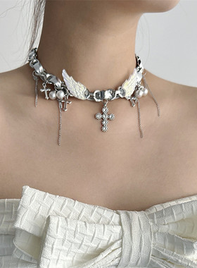 【千禧y2k】甜酷银色皮革r锁骨链