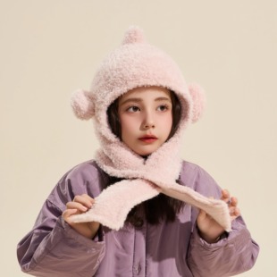 儿童帽子秋冬季新款女宝宝可爱毛绒帽围巾一体男孩冬天保暖护耳帽