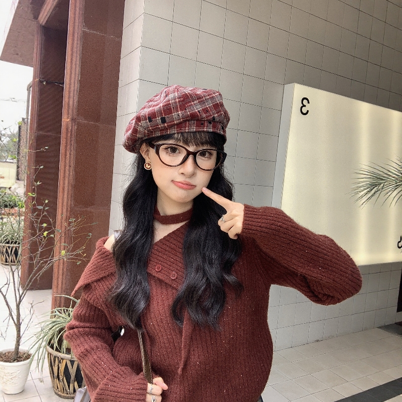 【复古】格子条纹贝雷帽