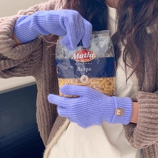 紫色针织毛线手套女款秋冬季加厚保暖防寒露指可触屏学生骑行手套