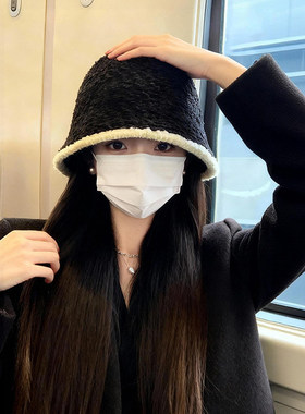小香风毛绒针织渔夫帽女秋冬季保暖防寒水桶帽子百搭显脸小月子帽