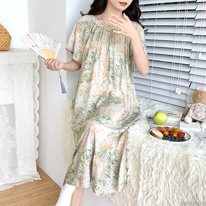 睡裙女夏纯棉绸中长款过膝裙薄款休闲家居服韩版可外穿大码连衣裙