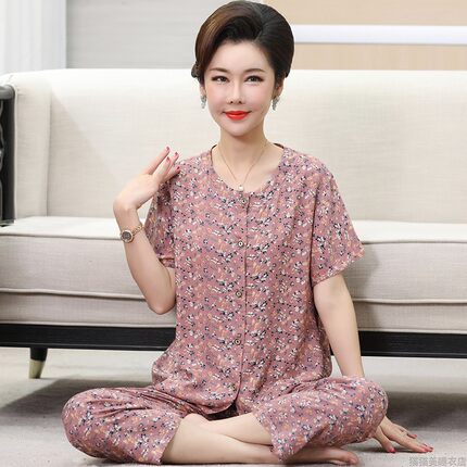 母亲节开衫妈妈棉绸睡衣女夏纯棉绵绸短袖可外穿中老年家居服套装