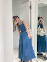 ZQ Ziqing Blue Mist Love Thin Denim Dress Women's Summer Niche Design Waist Temperament Suspender Long Skirt