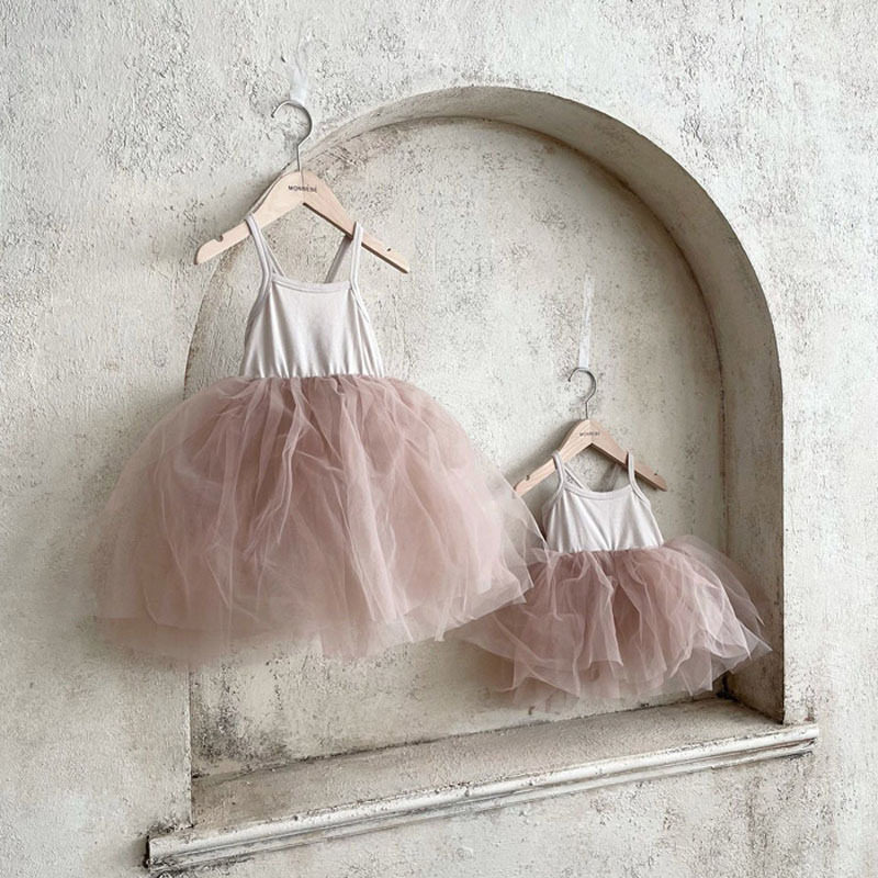 韩版ins夏季女宝婴幼儿童姐妹纯色公主周岁蓬蓬裙网纱吊带连衣裙