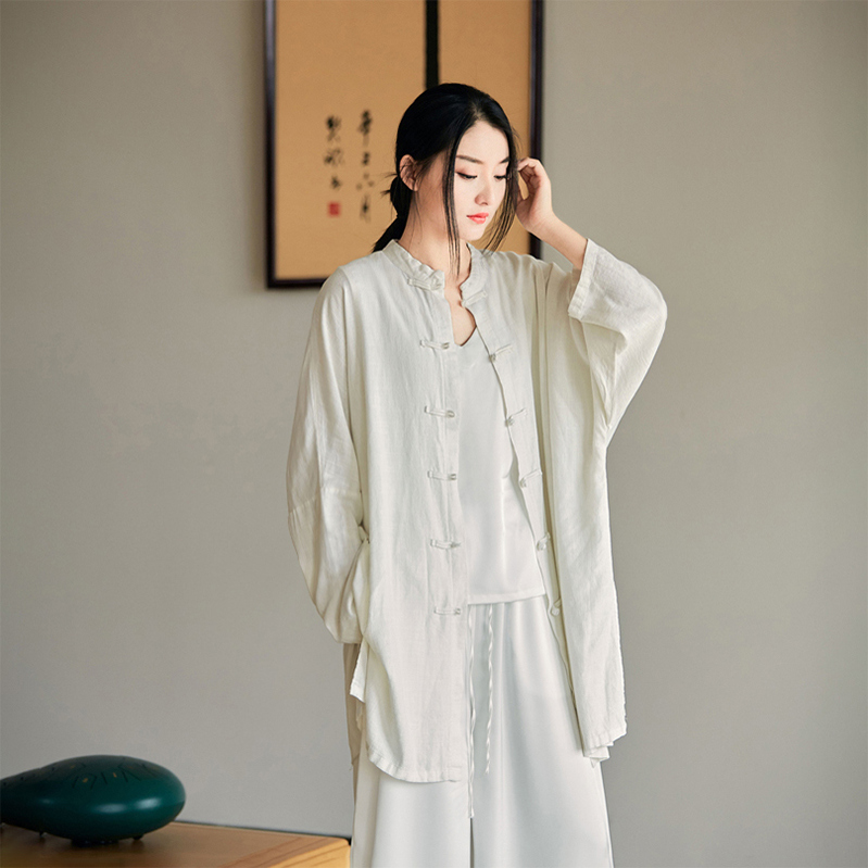 亚麻宽松薄款衬衫女春秋2025新款棉麻中长款长袖复古衬衣太极服