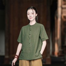 苎麻新中式短袖衬衫女夏季2025新款棉麻禅意茶服上衣宽松国风T恤