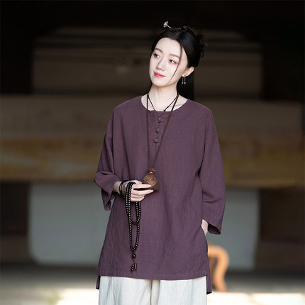 苎麻复古新中式长袖衬衫女士春秋新款棉麻宽松禅意茶服禅修上衣