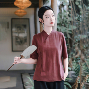 上衣女夏季 打底衫 2025新款 v領七分袖 休閑t恤 棉麻中式 亞麻復古短袖