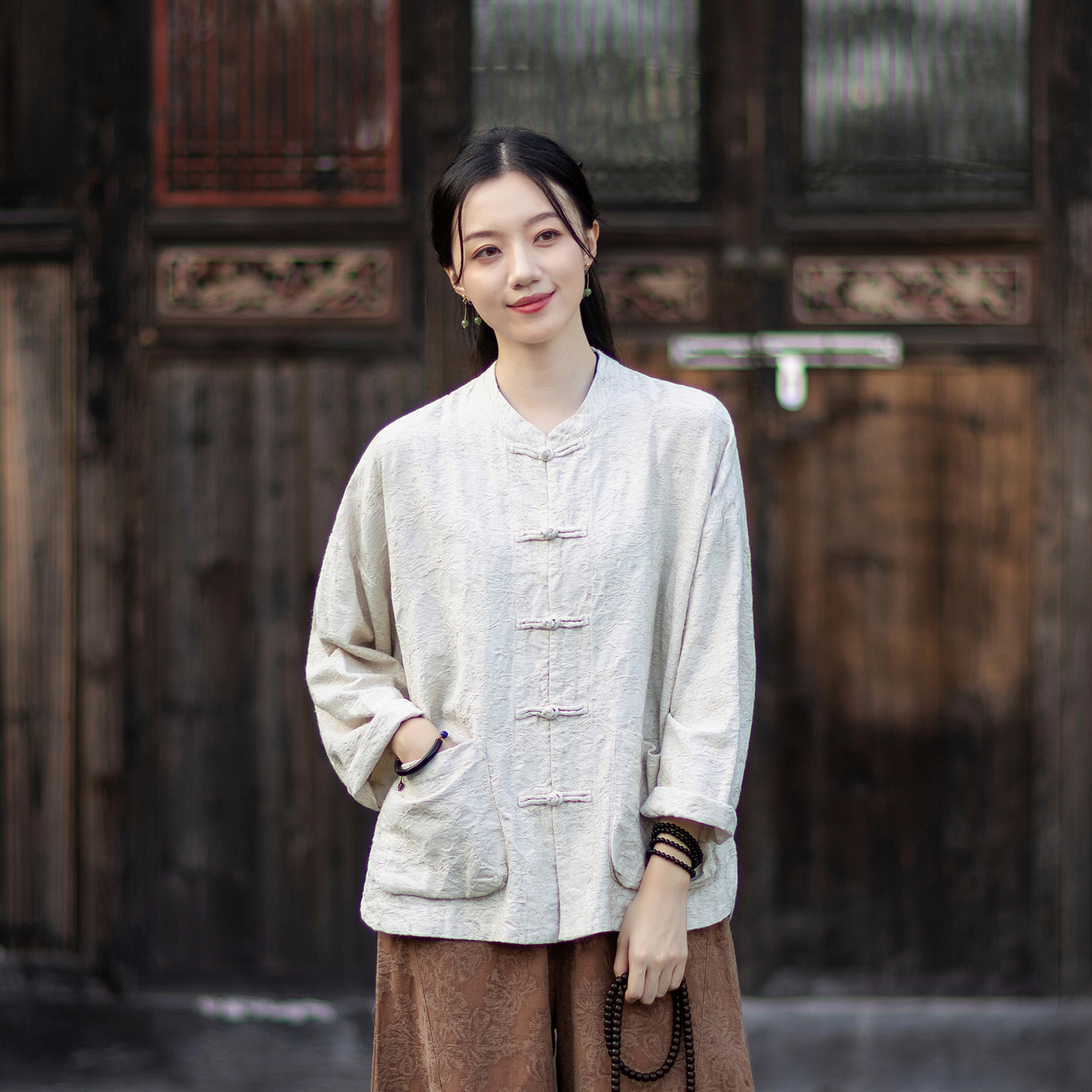 棉麻衬衫女式复古盘扣上衣长袖提花复古衬衣新中式外套茶服太极服