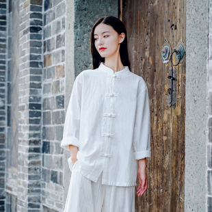 中国风复古上衣宽松练功服 棉麻开衫 亚麻太极服衬衫 女春秋2025新款
