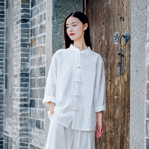 zowesfun亚麻复古宽松太极服衬衫
