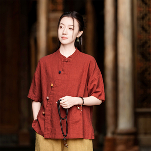 棉麻禪意茶服短袖 苧麻復古新中式 2025新款 女夏季 上衣 國風盤扣襯衫