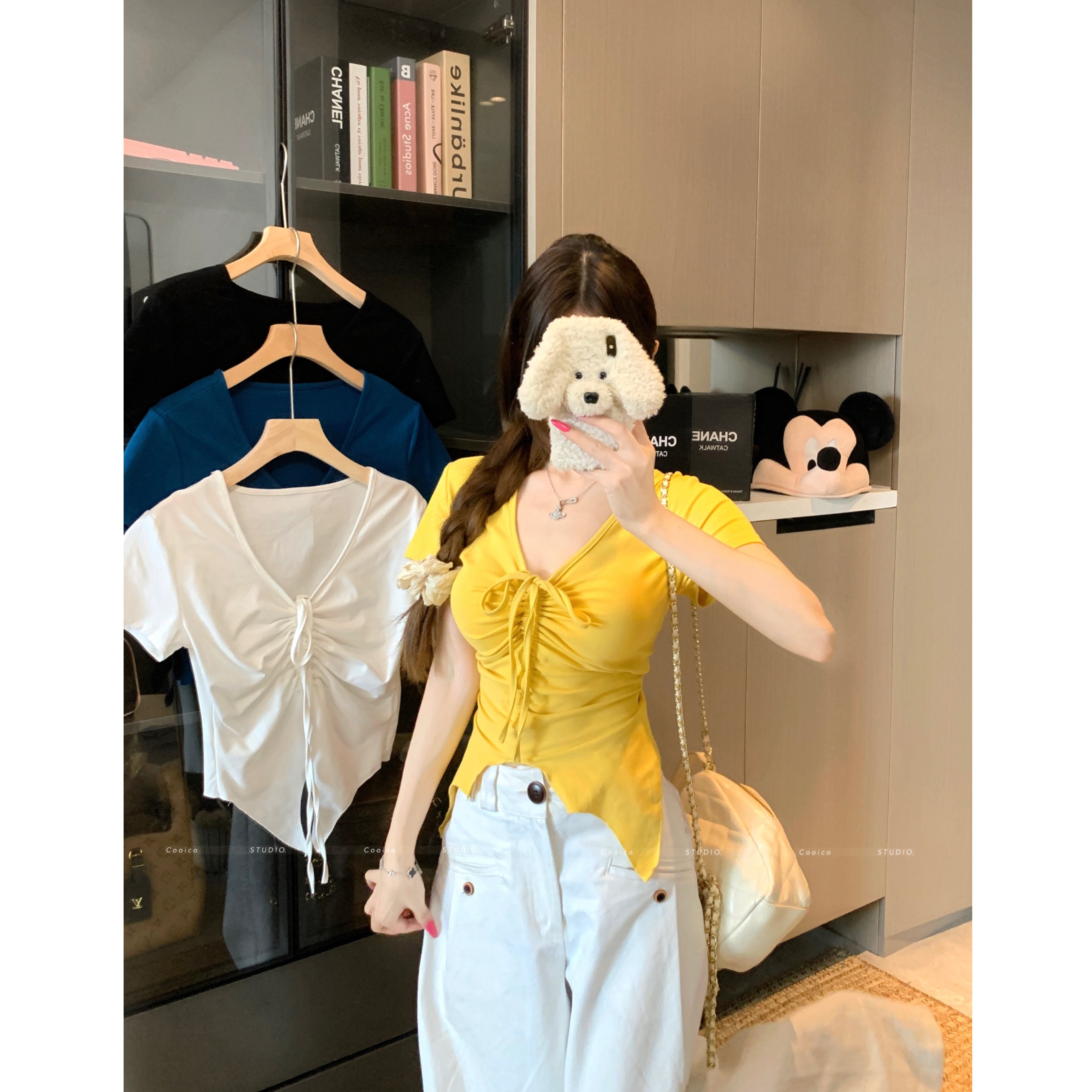 小吉家大码女装夏季胖mm纯欲风抽绳褶皱正肩短袖T恤修身显瘦上衣