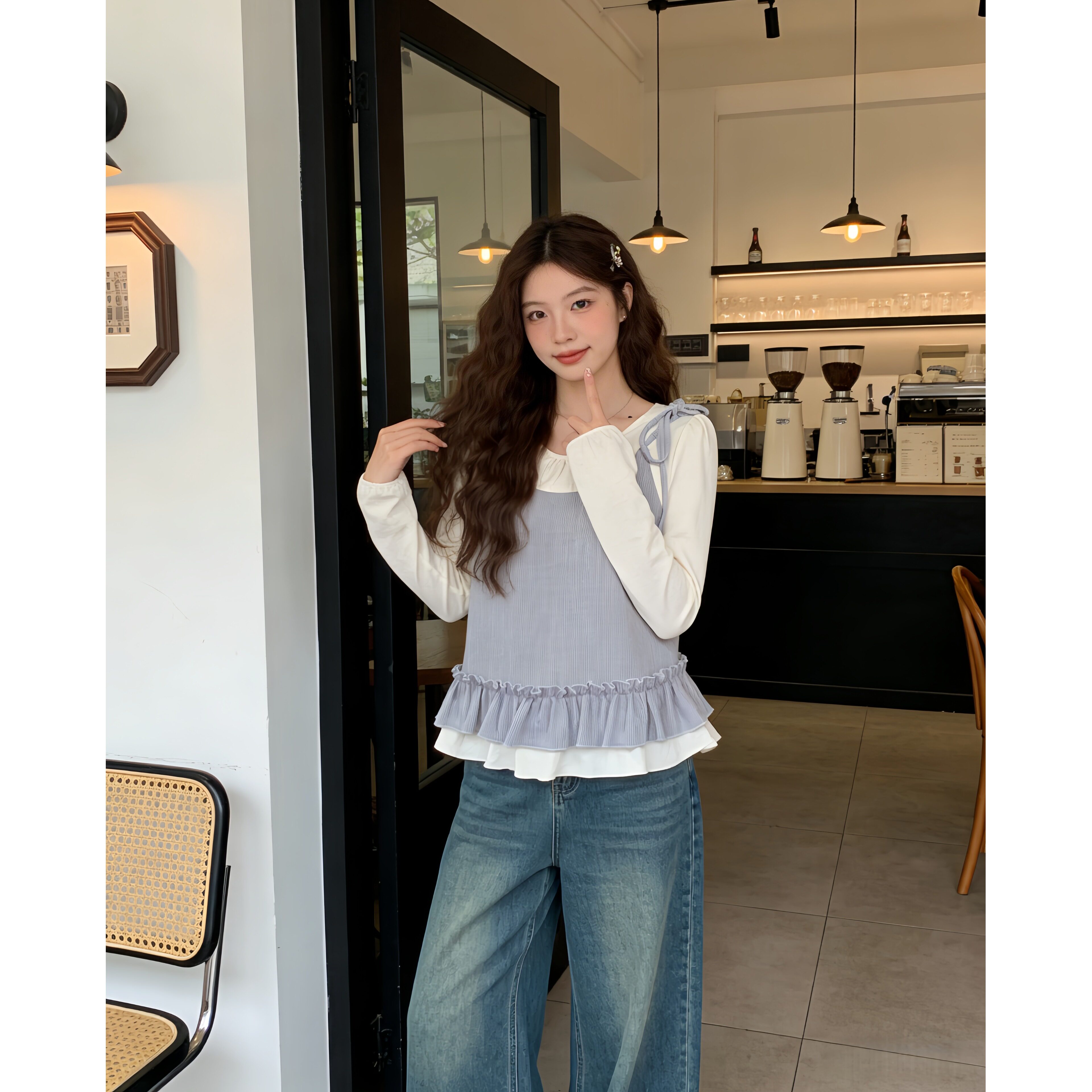 小吉家大码女装春季胖mm蝴蝶结系带长袖小衫撞色显瘦假两件上衣女