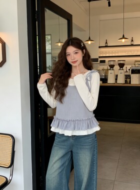 小吉家大码女装春季胖mm蝴蝶结系带长袖小衫撞色显瘦假两件上衣女