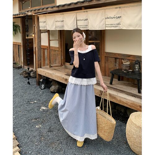 小吉家大码女装夏季新款胖mm甜美露肩短袖上衣蕾丝边格子裙两件套