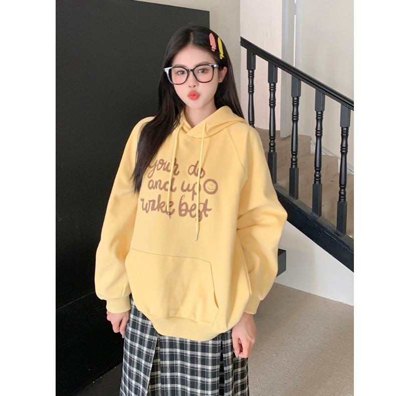 小吉家大码女装2024长袖连帽卫衣秋冬字母印花宽松型加绒加厚上衣