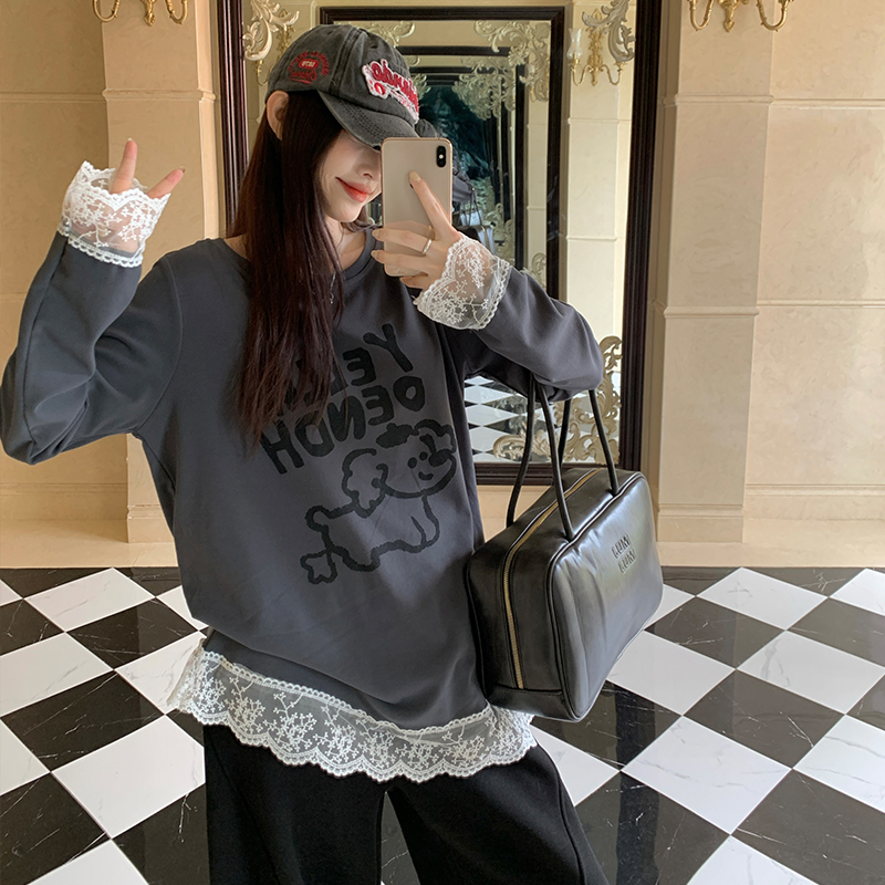 小吉家大码女装冬季双面德绒加厚韩系圆领印花长袖T恤内搭上衣女