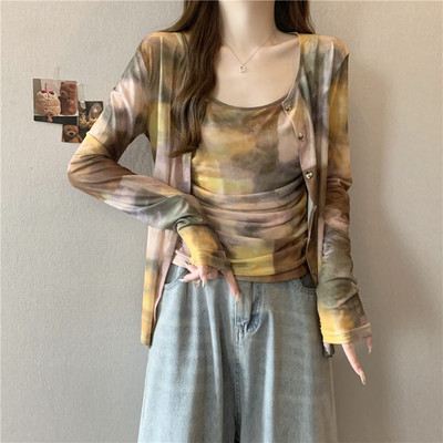 小吉家大码女装早秋新款时尚百搭修身显瘦扎染吊带开衫两件套上衣