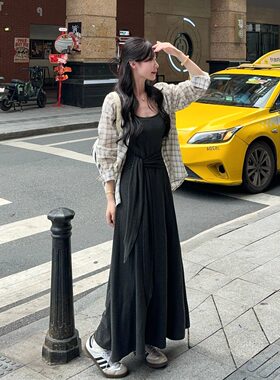 小吉家大码女装胖mm简约慵懒风格子衬衣开衫高腰系带针织裙两件套
