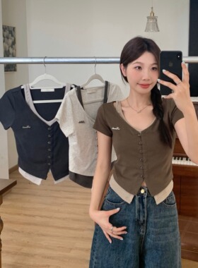 小吉家大码女装夏季设计感假两件甜辣短袖T恤胖mm遮肉显瘦上衣女