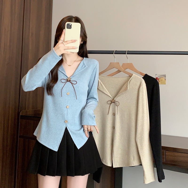小吉家大码女装秋季新款胖mm韩系甜美蝴蝶结v领显瘦长袖针织上衣