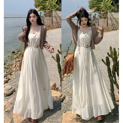 小吉家大码女装胖mm波西米亚度假拼接设计感连衣裙百搭开衫两件套