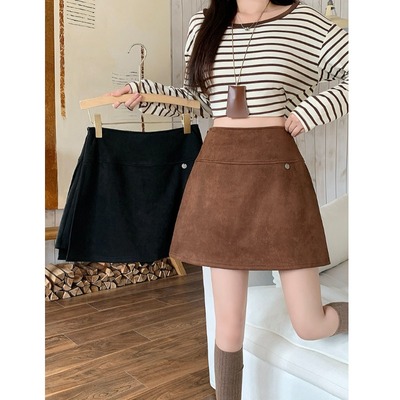 小吉家大码女装秋装新款胖mm复古鹿皮绒侧开叉高腰显瘦a字裙裤女
