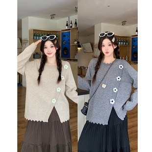 小吉家大码 秋冬胖mm设计感立体小花波浪边毛衣宽松显瘦上衣女 女装