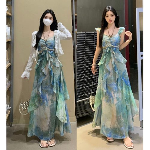 小吉家大码女装夏季油画气质吊带裙胖mm印花雪纺显瘦遮肉连衣裙女