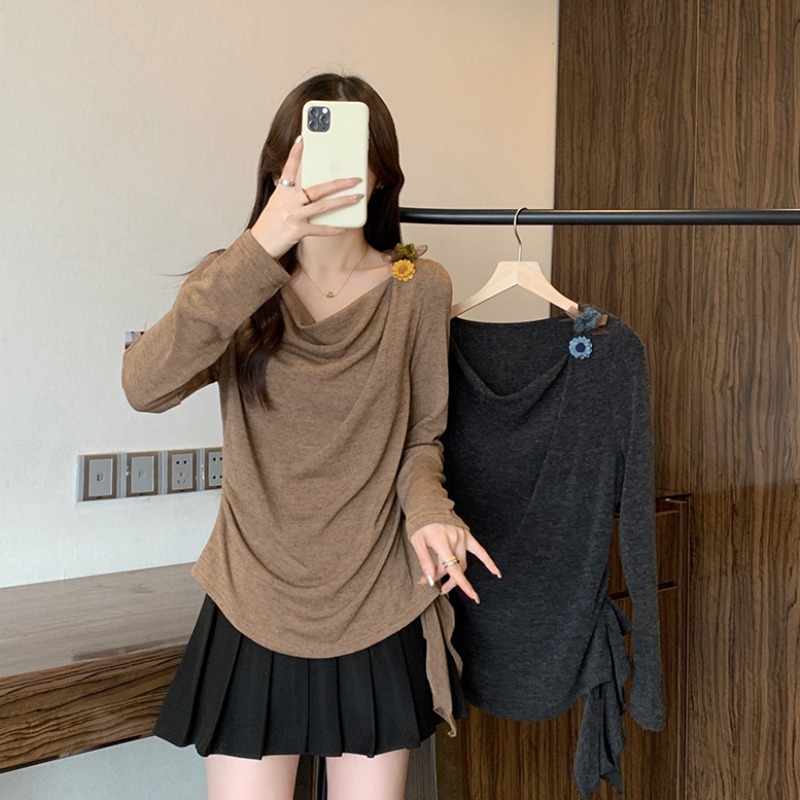 小吉家大码女装秋冬新款胖mm时尚荡领不规则修身显瘦内搭长袖上衣