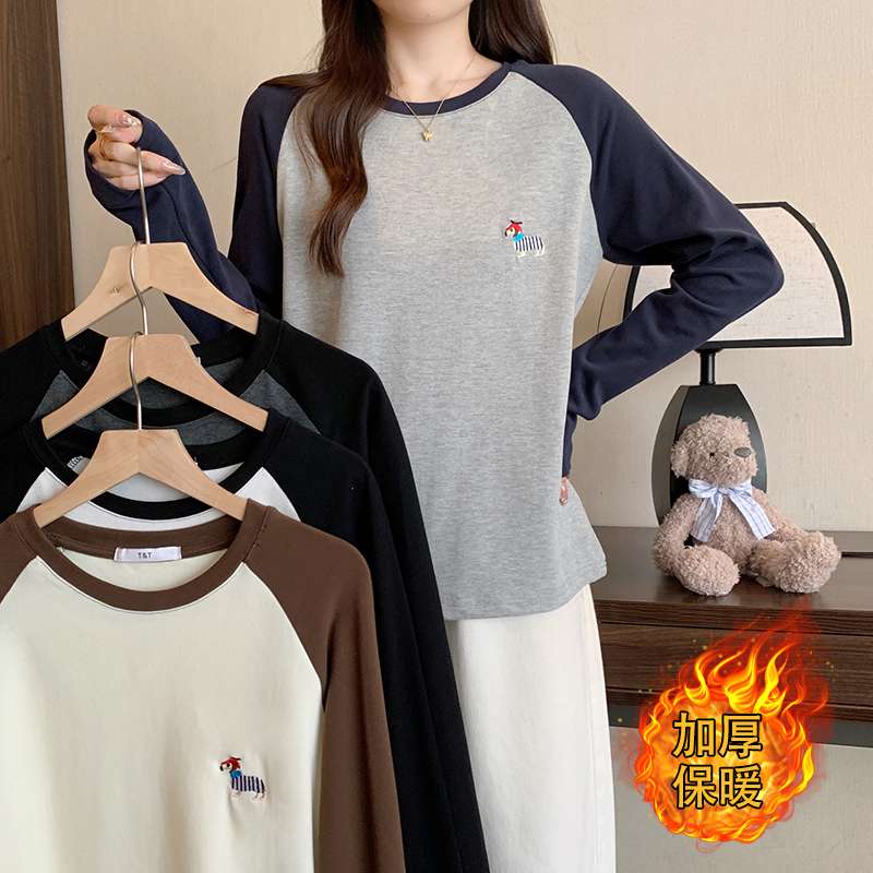 小吉家大码女装秋冬新款胖mm休闲拼色刺绣加厚保暖打底衫内搭T恤