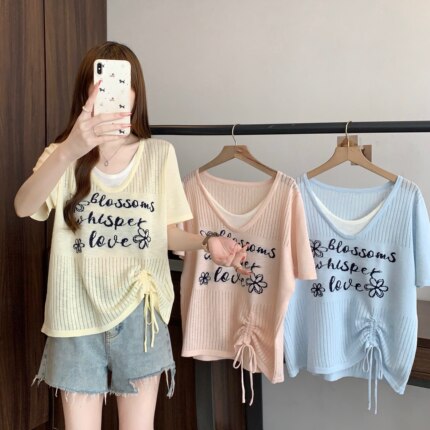 小吉家大码女装设计感抽绳假两件V领针织衫夏季胖mm显瘦印花上衣