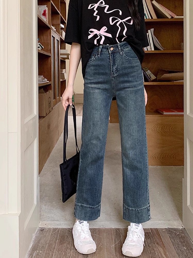 小吉家大码女装直筒牛仔裤女秋季复古高腰弹力胖mm显瘦九分烟管裤